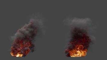 Set of two variations of fire explosion with black smoke. After the explosion, the fire continues to burn, emitting black smoke until the end of the . File contains Alpha Channel. video