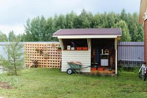 A rustic storage shed stands within a backyard adorned with a wheelbarrow overflowing with wood, a decorative wooden lattice, and potted plants, ideal for illustrating rural life. photo