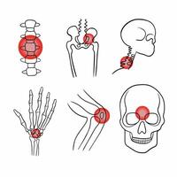 A set of pain in different parts of bones and joints. Contour drawing of localization of pain in different parts of the body. vector