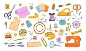 Needlework and embroidery tools set. Threads, fabric, scissors, pins, needles, sewing machine, measuring tape. vector