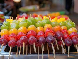 An assortment of colorful Tanghulu skewers displays a sweet variety of candied fruits. photo