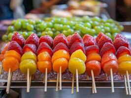 Rows of vibrant, candied fruit skewers are a sweet market delight photo