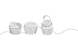 Cupcake with cherry drawn in one continuous line in color. vector