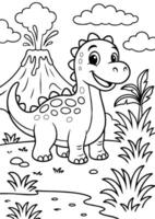 Cute Baby Dinosaur Coloring Page with coloured version Smiling Cartoon Dino with Volcano, Clouds, and Jungle Plants Printable Line Art for Kids-01 vector