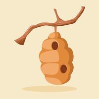 A brown wasp nest hanging from a branch vector