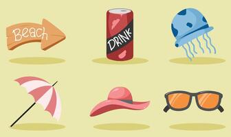 A set of flat icons depicting various items for the beach vector