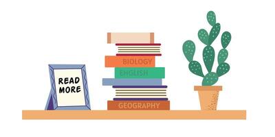 Shelf with books and succulent. Read more, library, education, knowledge concept flat illustration. vector