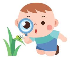 Curious Cartoon Boy Exploring Nature with Magnifying Glass vector