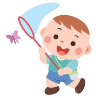 Cartoon Boy Catching Butterfly with Net vector