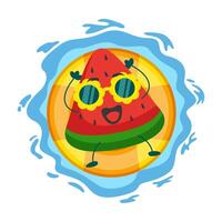 watermelon slice mascot character floating in the ocean illustration vector