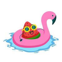 watermelon slice mascot character using flamingo swimming float illustration vector