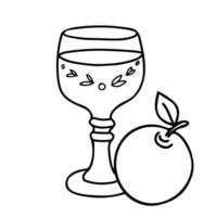 Apple Cider Composition. Elegant Wine Roman Glass with decorative leaf patterns and Apple fruit. Simple, minimalistic style illustration in Doodle style. For bar menu or logo. vector