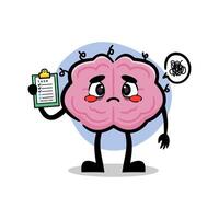 Tired Brain Illustration Character Holding Task List. Cute Brain Mascot Looking Exhausted. vector