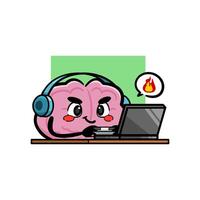 Funny Brain Character Playing Games. Cute Brain Mascot Gaming on Laptop with Game pad. vector