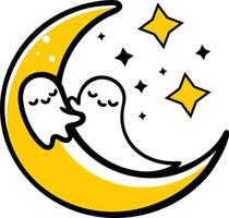 A cute yellow cartoon moon character with a happy smile and hugging a tiny ghost stars a fun illustration of the night sky vector