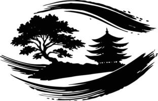 A black and white logo with a tree and a pagoda vector