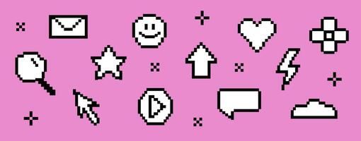 Set of pixel bit icon. Abstract collection of heart and cursor, emoticon elements in 8bit retro style. Black line shape vector