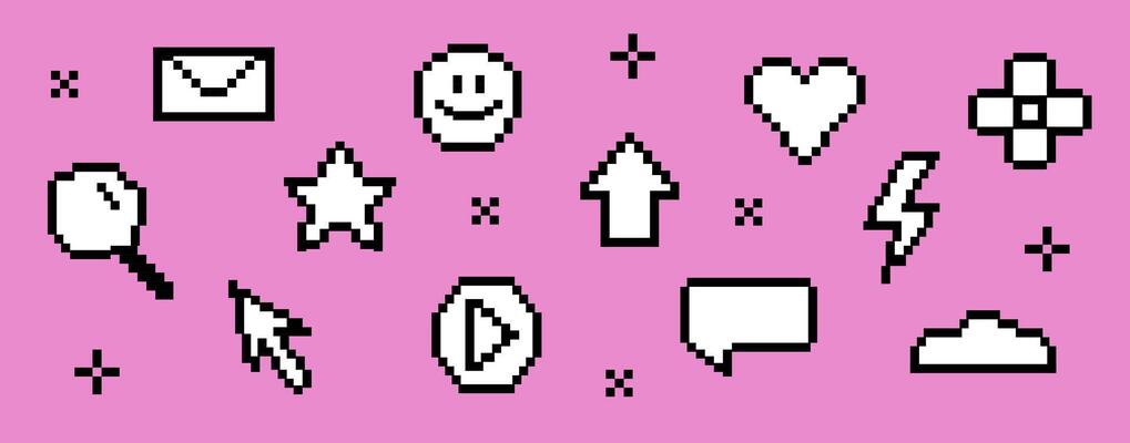 Set of pixel bit icon. Abstract collection of heart and cursor, emoticon elements in 8bit retro style. Black line shape