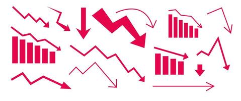 Set of red arrow going down stock icon. Symbol of downward arrow graph. Symbol of down arrow market graph vector