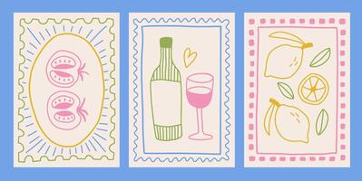 Posters with doodle italian food in ink style. Outline multicolor wine with glass and fruit lemons. Retro frame border element design. vector