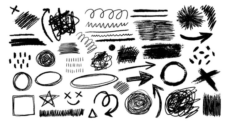 Hand drawn grunge ink brush strokes and lines spot. Doodle arrow and line, paintbrush texture. Crayon marker scribble sketch