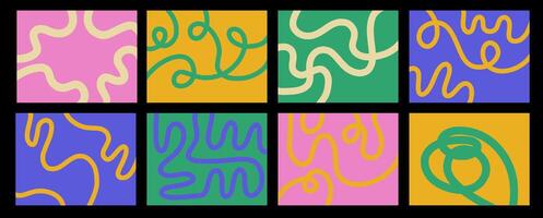 Set of abstract playful minimalistic background with wavy line. Backdrop with organic curvy curly stripe in flat style. vector
