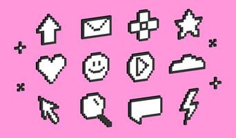 Set of pixel bit icon. Abstract collection of heart and cursor, emoticon elements in 8bit retro style. Isometric 8 bit objects. Voxel retro signs. vector
