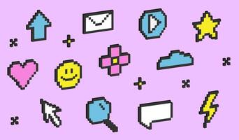 Set of 3d pixel elements. Isometric 8 bit objects. Pixel cursor click icons in retro style. Isometric 8 bit objects. Voxel retro signs. vector
