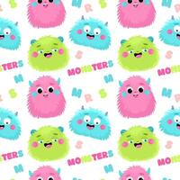 Seamless pattern with cute fluffy monsters. vector