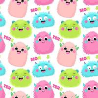 Seamless pattern with cute fluffy monsters, children's print. vector