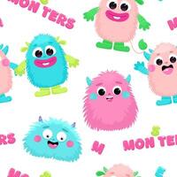 Seamless pattern with cute fluffy monsters. Happy pattern. vector
