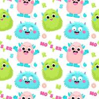 Seamless pattern with cute fluffy monsters, children's print vector