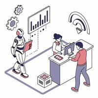 an illustration of a robot and people working at a desk vector