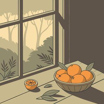 a bowl of oranges and a leaf on a window sill vector
