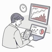 man using tablet and laptop to look at graphs vector