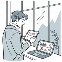 a man is using a tablet computer and looking at graphs vector