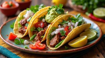Colorful Mexican tacos filled with meat, guacamole, and fresh vegetables served on a rustic plate photo