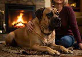 Large English Mastiff dog rests by fireplace with human arm resting on its back photo