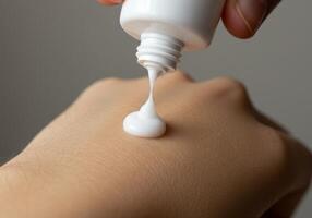 Moisturizing cream being applied on hand in a close up view during skincare routine photo