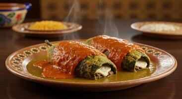 Delicious steaming chiles rellenos covered in savory sauces served on a plate photo