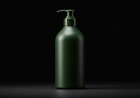 Green container with pump top displayed on a dark background in a minimalistic setting photo