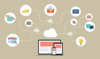 working with computer device and connection to cloud computing server concept vector