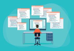 web developer programmer coding for web and application design. people working on computer monitor concept vector