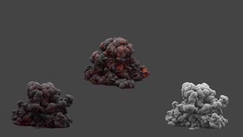 Set of three types of fire explosions. The first explosion contains little fire. The second explosion contains more fire. The third explosion consists of white smoke. Alpha Channel. video