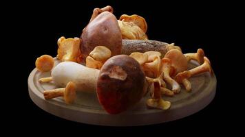 Looping animation around a composition of mushrooms lying on a wooden board. Loop motion. Alpha Channel. video