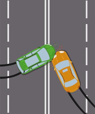 two car accident top view of vehicle collision. Road accident. Damaged transport. City drive disaster