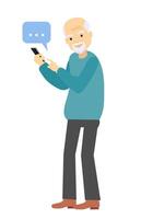 Grandfather holds a phone in his hand. Elderly man character looking on smartphone and typing message vector