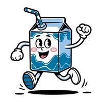 Happy cartoon milk box character running with joy and excitement on white background vector