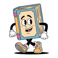 Cheerful walking book character with playful expression in a cartoon groovy style vector