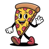 Retro character pizza slice walking happily with a smile and waving hand in a cartoon style vector